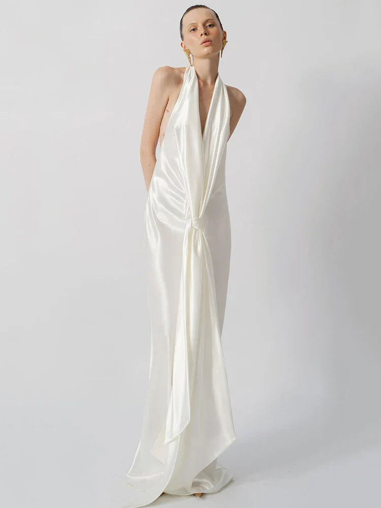Satin Pleated Drape Front Tie-Up Long Dress