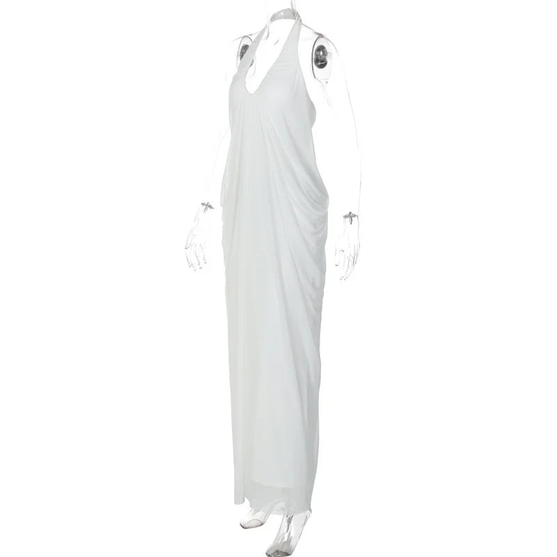 White Halter Drape Maxi Dress