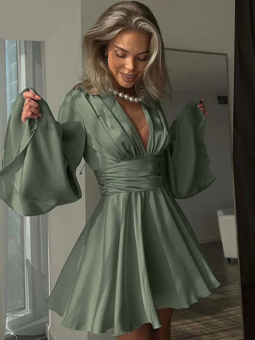 Elegant Green Satin V-Neck Pleated Mini Dress