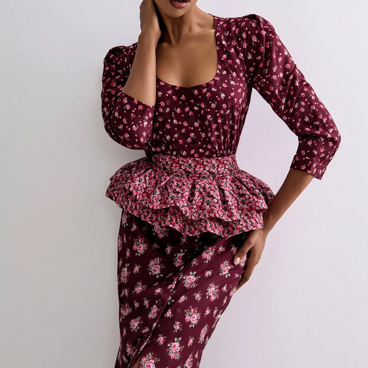 Floral Peplum Midi Dress | Elegant Evening Bodycon with Ruffle Detail