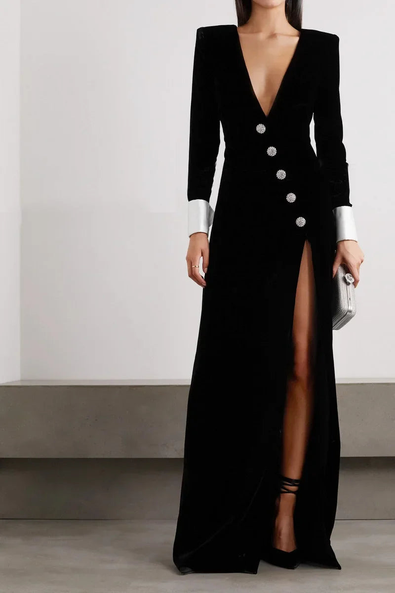 Black Velvet Diamond Buttons High Slit Maxi Dress