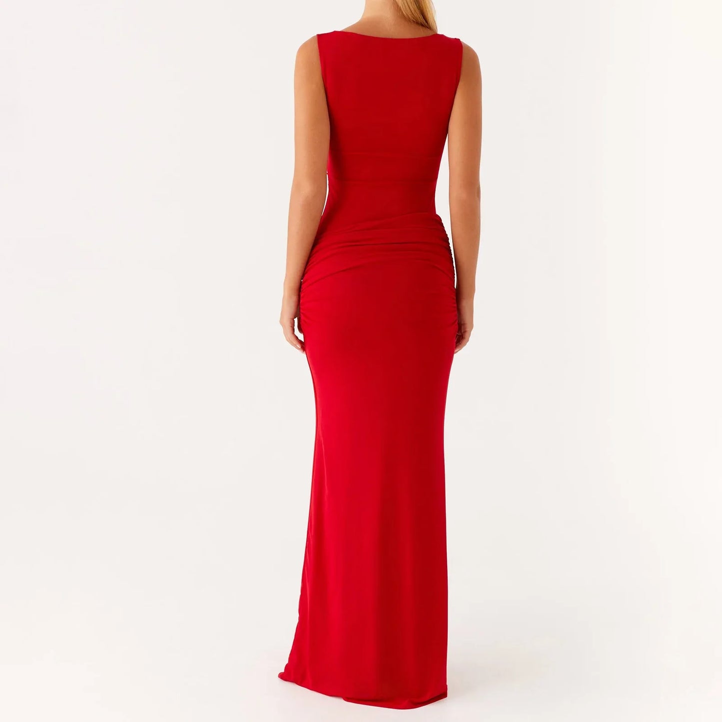 Red Twist Knot Sleeveless Maxi Dress – Elegant Y2K Ruched Gown