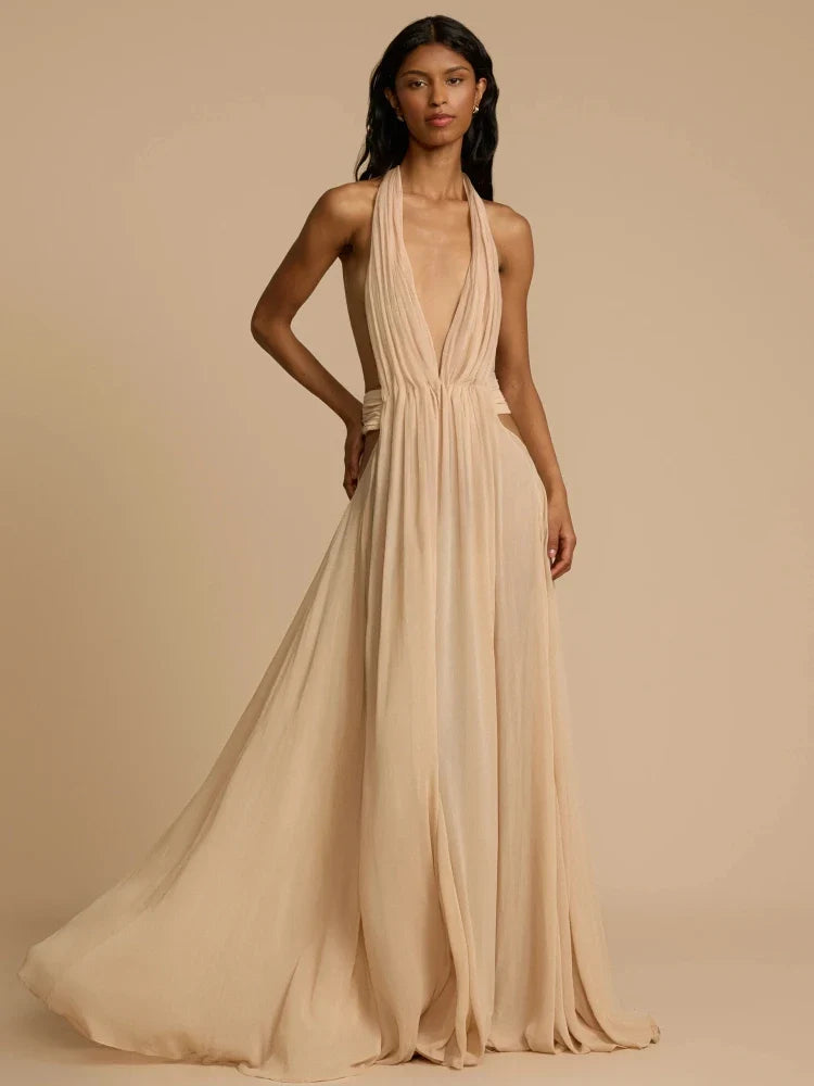 Apricot & Claret Deep V-Neck Backless Pleated Long Dress