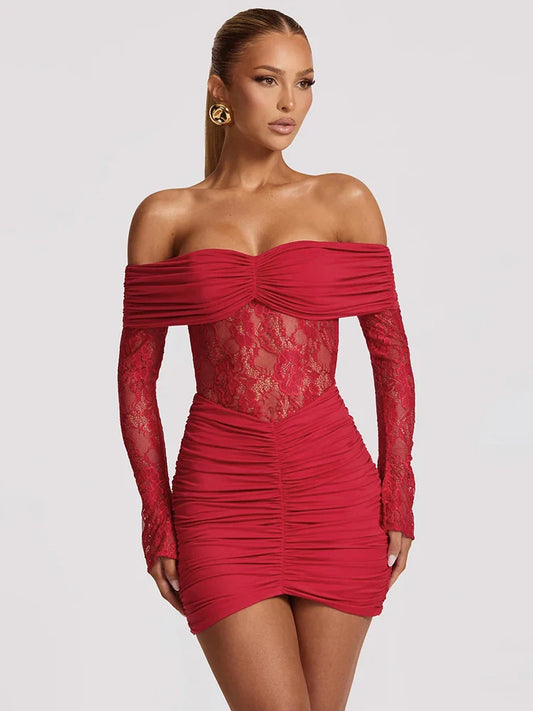 Red off-shoulder dress with lace detailing 