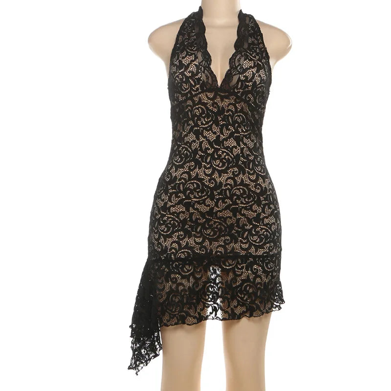 Black lace dress on a mannequin against a white background