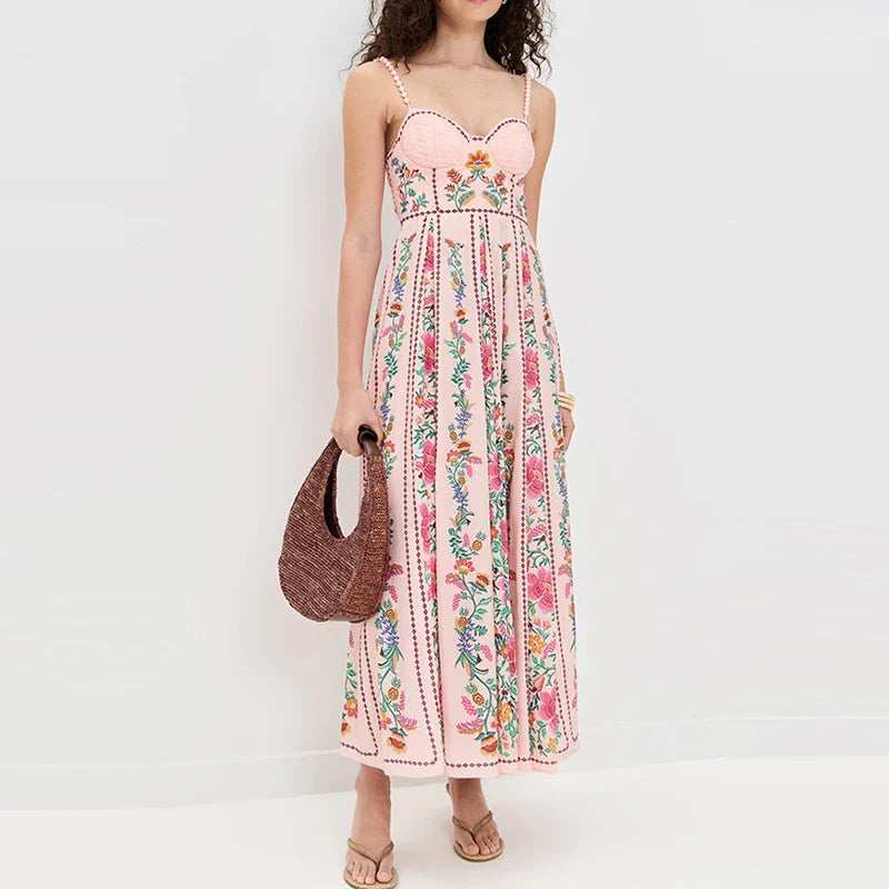 Floral Print Pleated Tube Top A-Line Maxi Dress with Low Cut Back