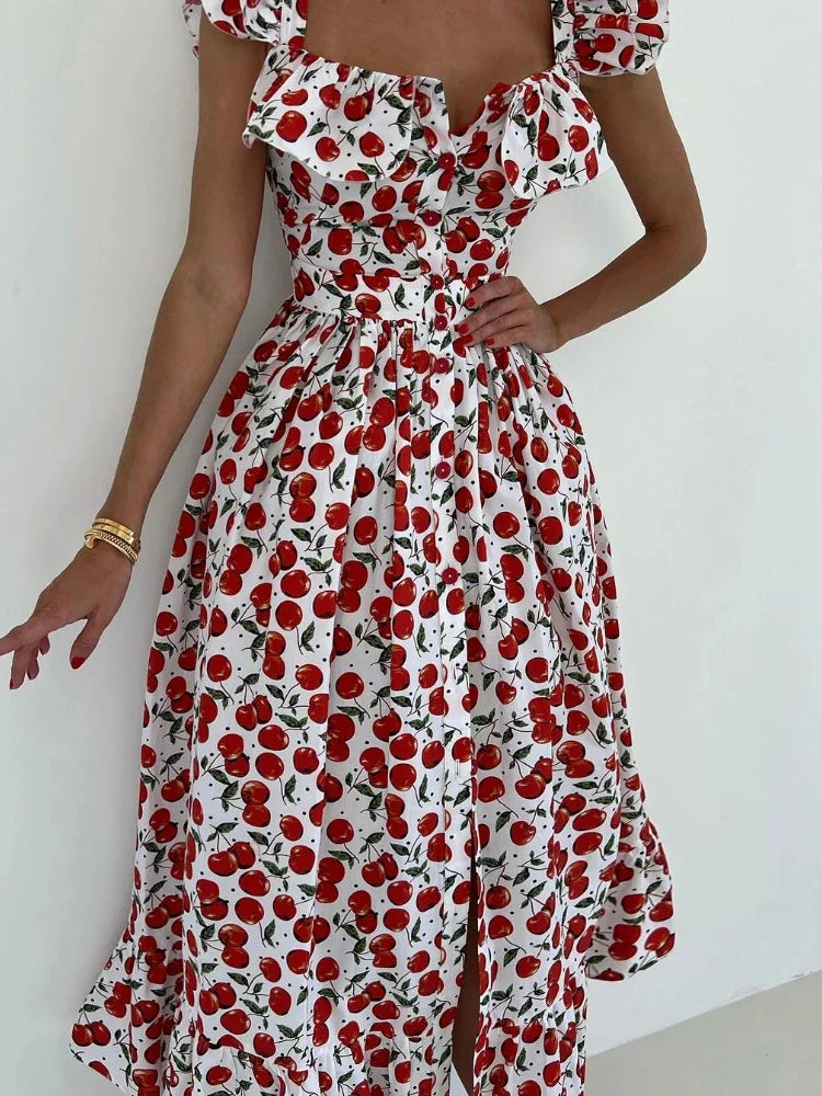 Elegant Ruffled Paisley Maxi Dress for Summer Soirees