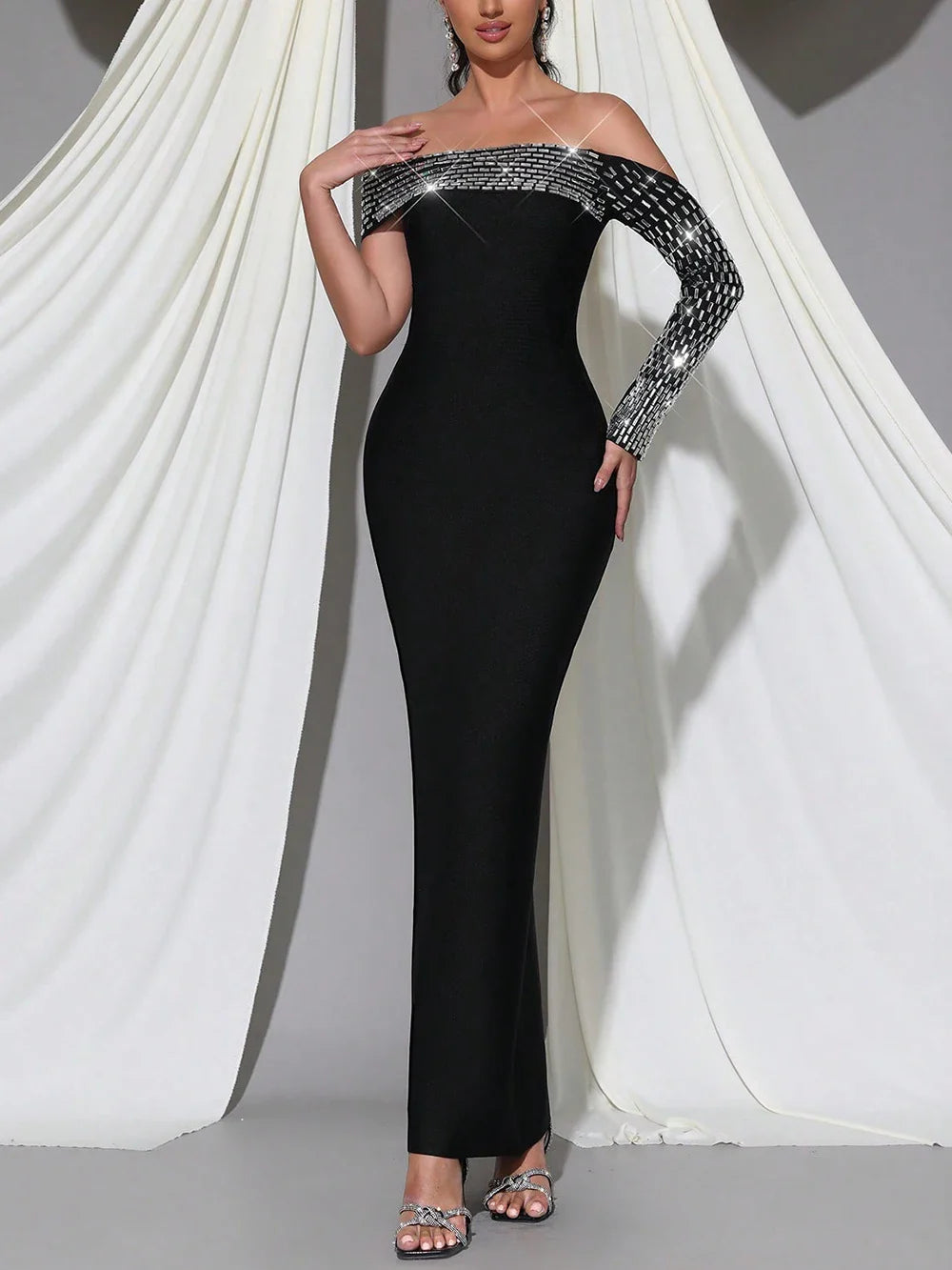 Elegant Crystal Embellished One-Shoulder Sheath Maxi Dress