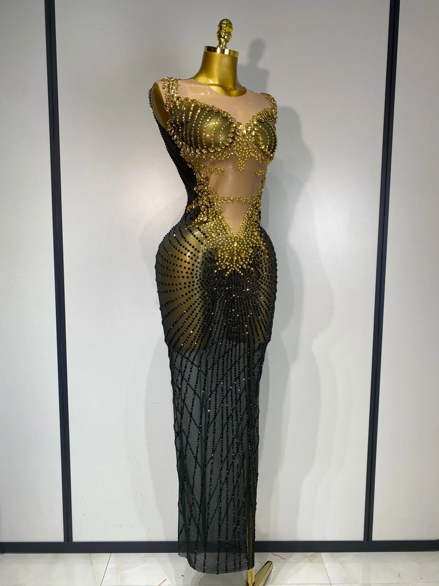 Black & Green Sparkly Rhinestone Mesh Bodycon Dress