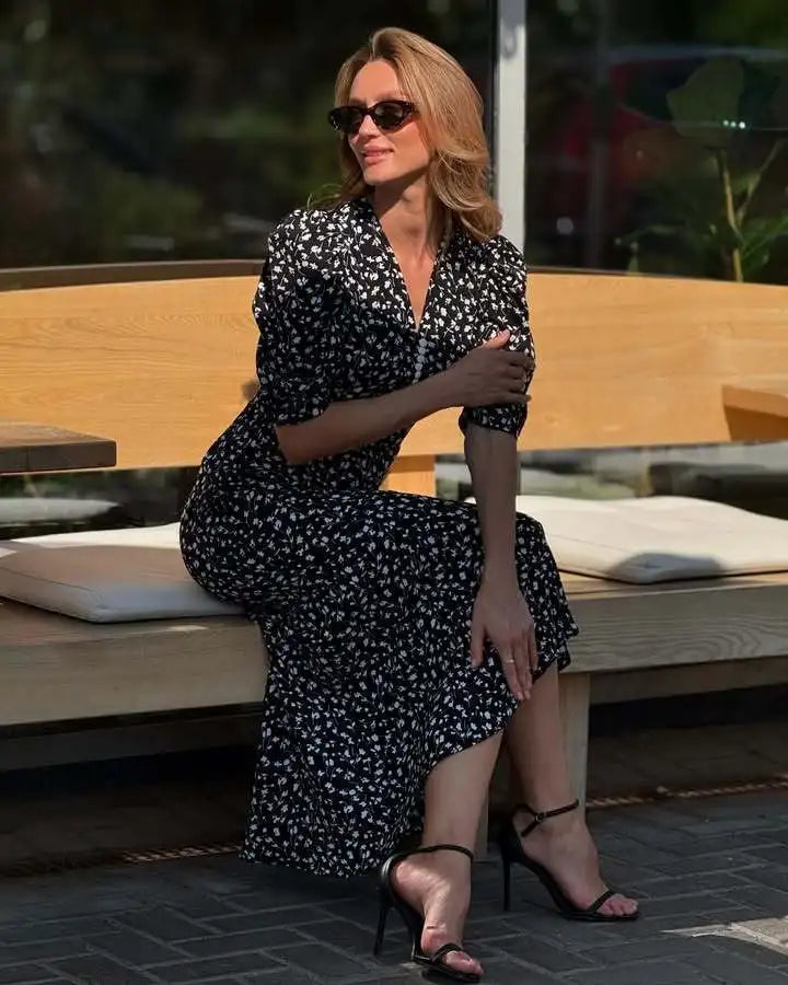 Half-Sleeve Polka Dot Midi Dress