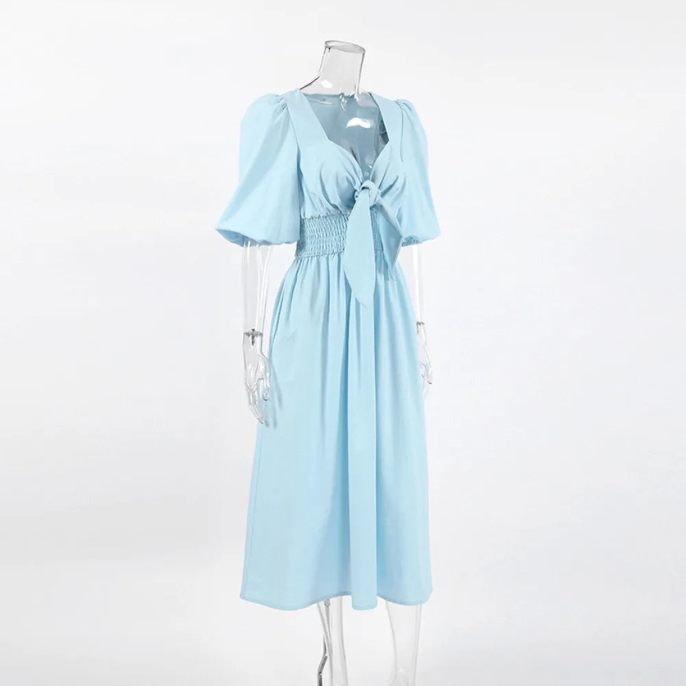 Light Blue A-Line Linen Dress | Lace-Up V-Neck Autumn Midi