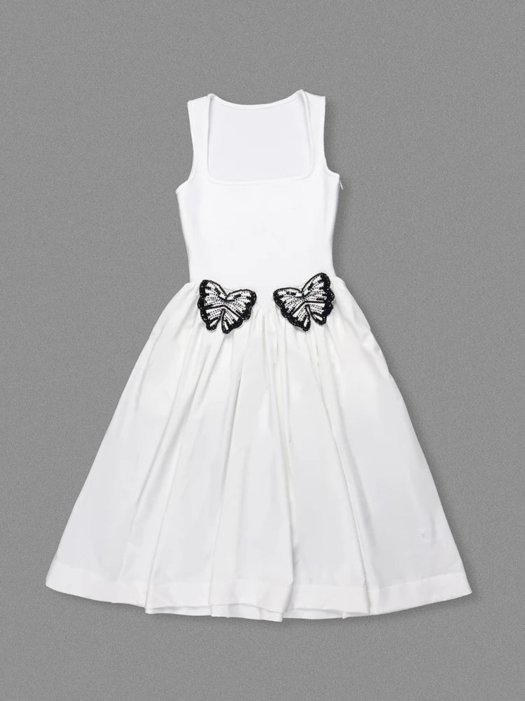 White Butterfly Beaded A-Line Dress – Square Neck Elegant Midi Dress