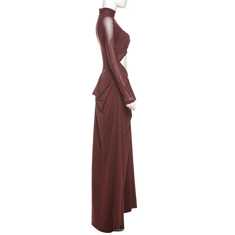 Brown Turtleneck Long Sleeve Mesh Cut Out Maxi Wrap Dress
