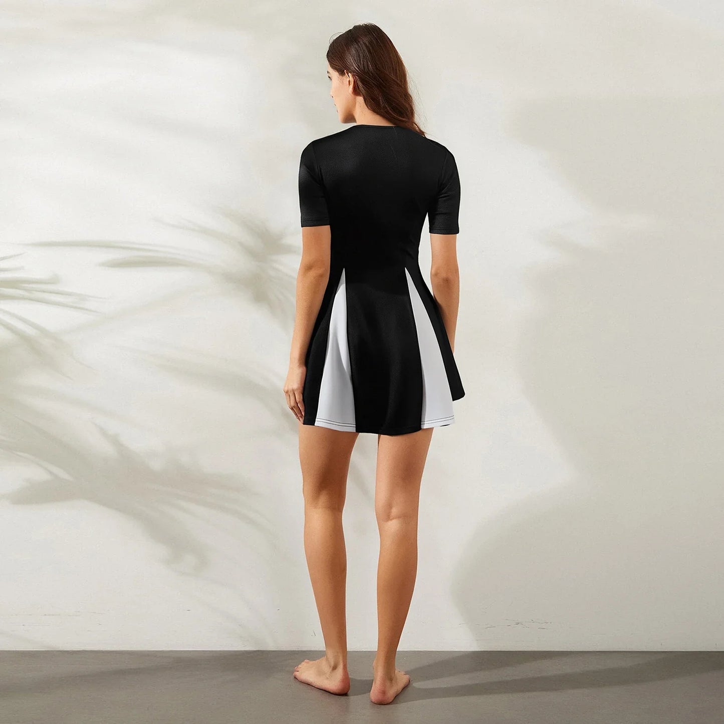 Black Color-block Round Neck Short Sleeve Mini Dress