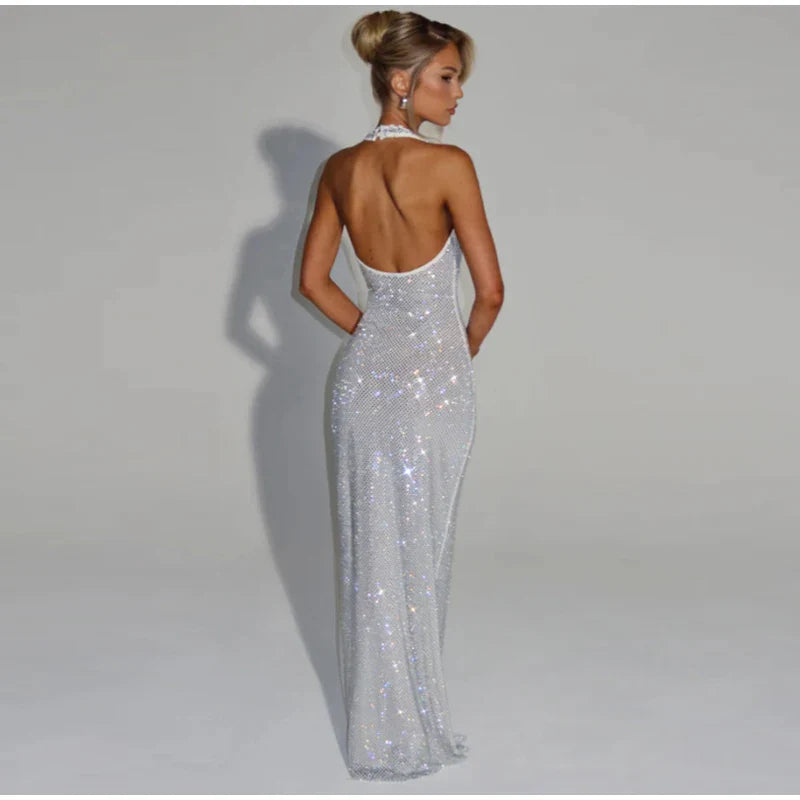 Deep V-Neck Sequin Fishtail Dress – Sleeveless Backless Beach Party Gown