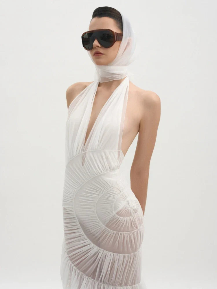 White Halter Ruffle Mesh Gown