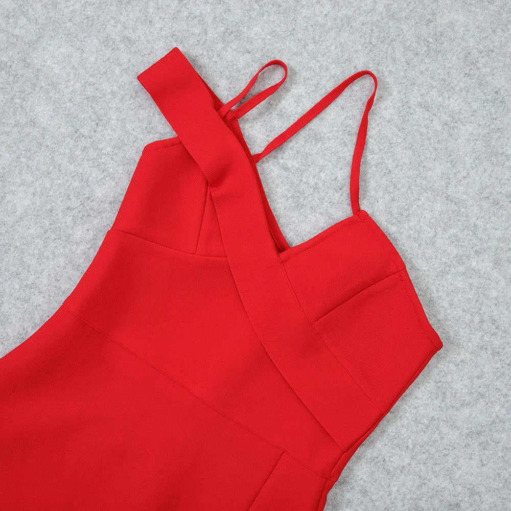 Red Halter Bodycon Bandage Dress | Slit Midi Figure Sculpt