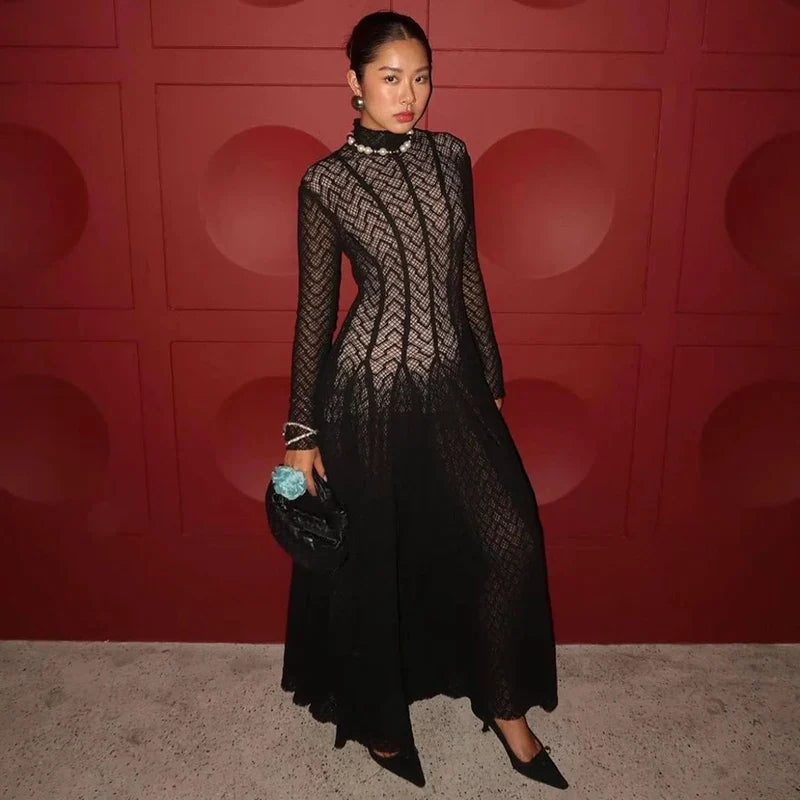 Lace Embroidery High Collar Long Sleeve Maxi Dress