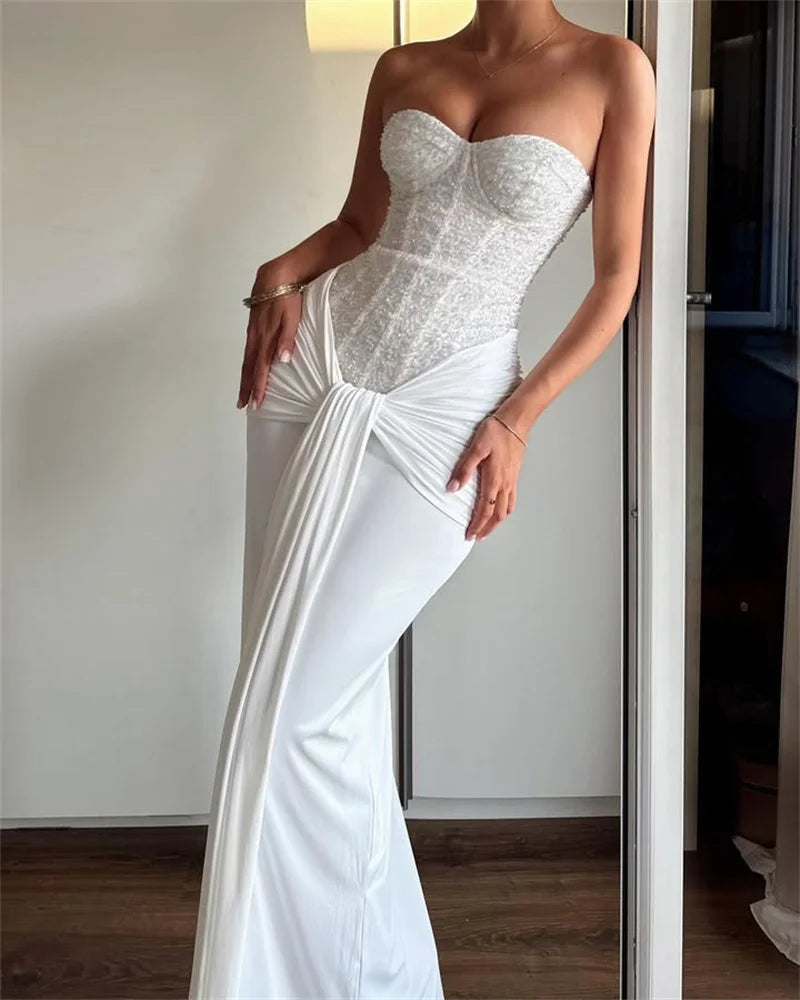Sequin Strapless Draped Waist Evening Gown