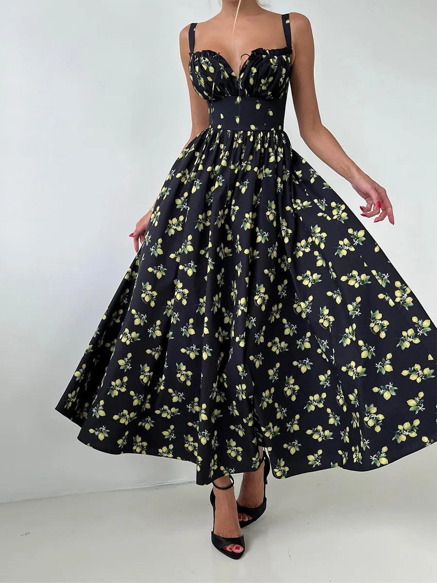 Black Floral V-Neck Maxi Dress with Slit