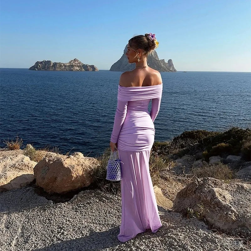 Mesh Off-Shoulder Draped Metal Accent Maxi Dress