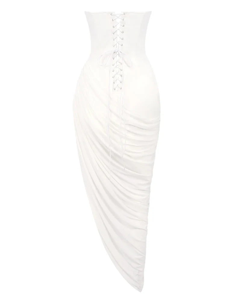 White Strapless Draped Maxi Dress with High Slit