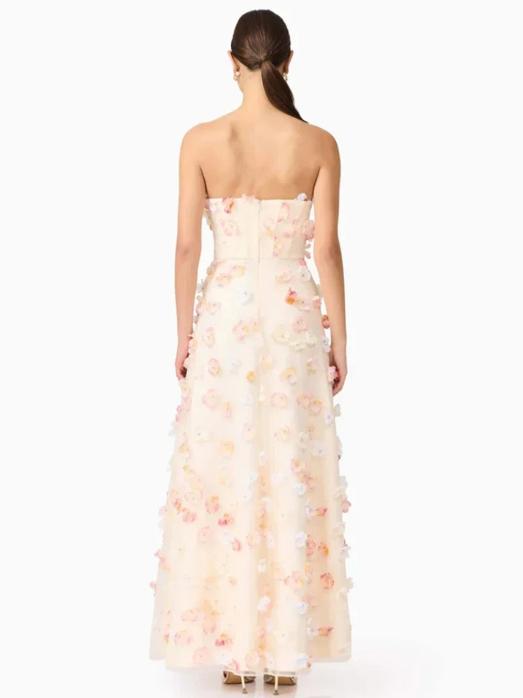 Beige Mesh Appliqué Strapless Gown – Floral Sleeveless Long Dress