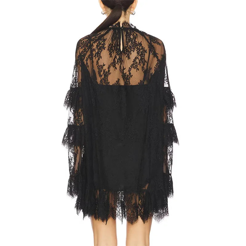 Sheer Lace Mini Dress | Long Sleeve Crew Neck Cover-Up