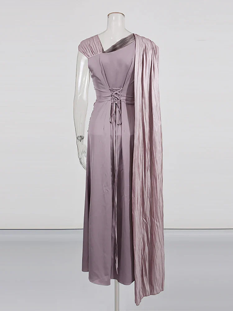 Purple Satin Pleated Folds Long Dress