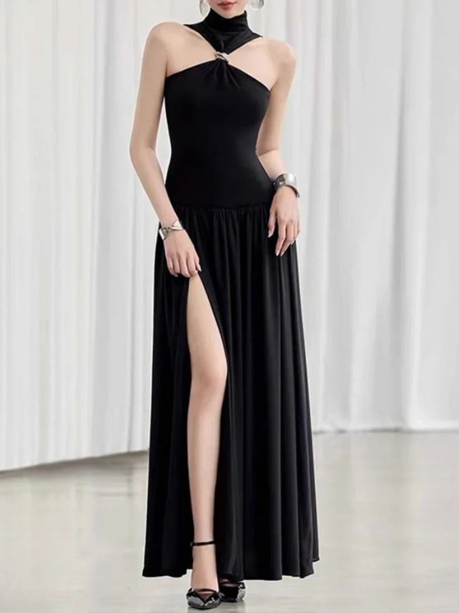 Black High Neck Slit Gold Buckle Maxi Dress