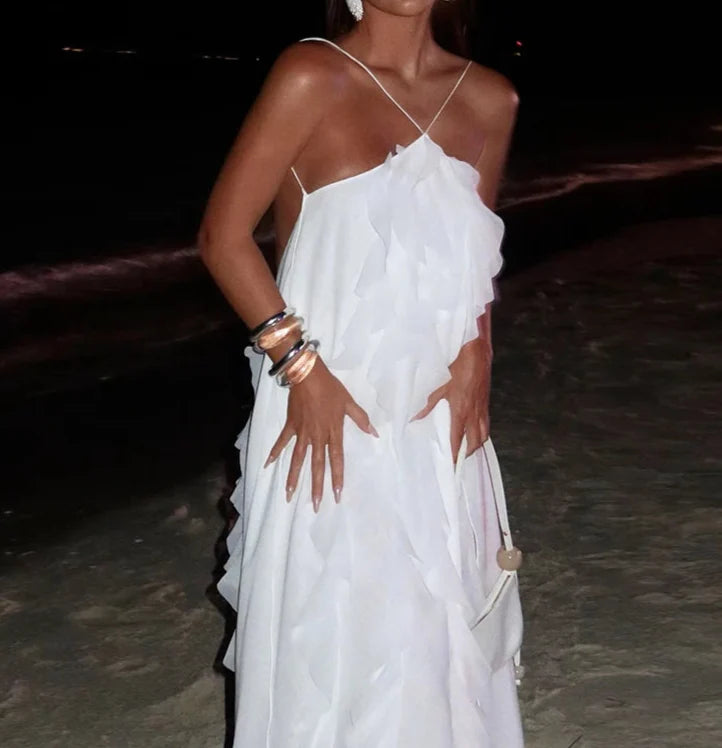 White Ruffle Halter Backless Maxi Dress – Summer Beach Party Look