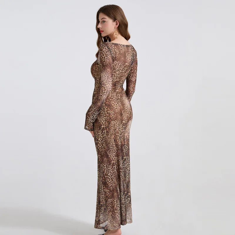 Leopard Print Long Sleeves V-neck Maxi Dress