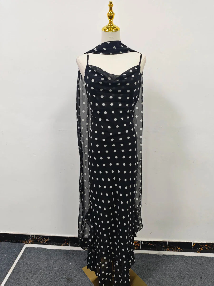 Polka Dot High-Slit Maxi Dress – Sleeveless Slim Fit Scarf Neck Gown