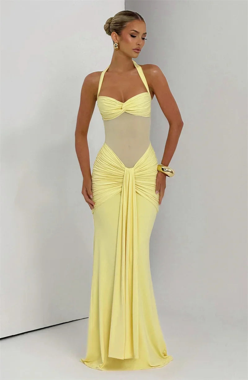Halter Maxi Dress | Ruched Backless Club Gown