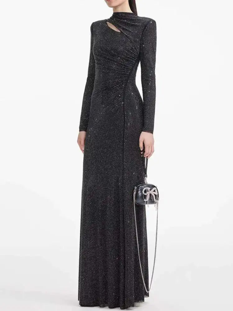Elegant Slim Pleated Diamond Long Dress