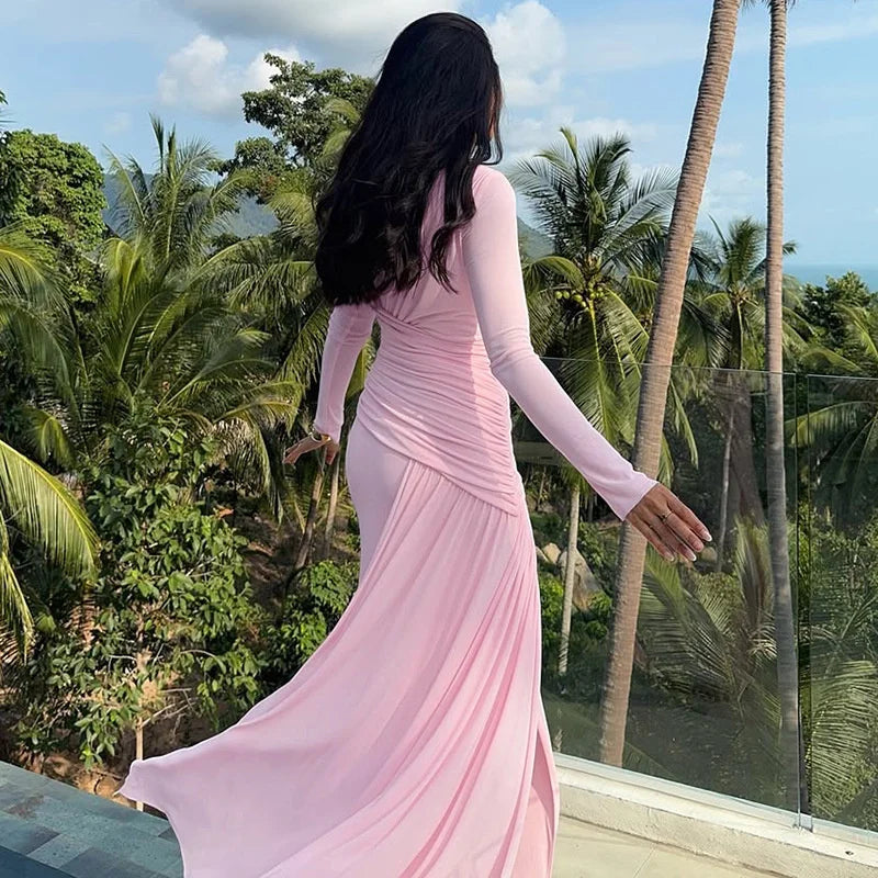 Irregular Pleated Long Sleeve Maxi Dress – O-Neck Floor-Length Silhouette