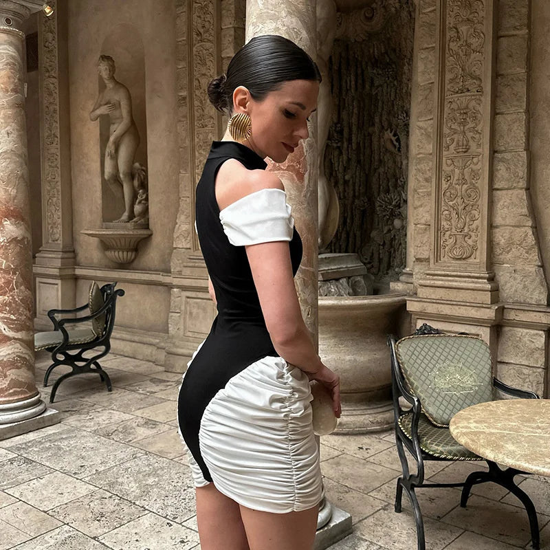 Black & White Off-Shoulder Patchwork Mini Dress – Ruched Pleated Club Look