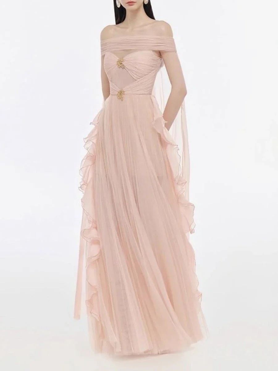 Pink Pleated Gold Brooch Cape Scarf Maxi Dress