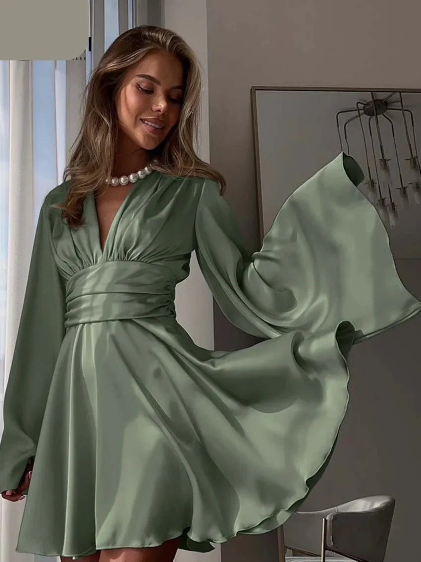 Elegant Green Satin V-Neck Pleated Mini Dress