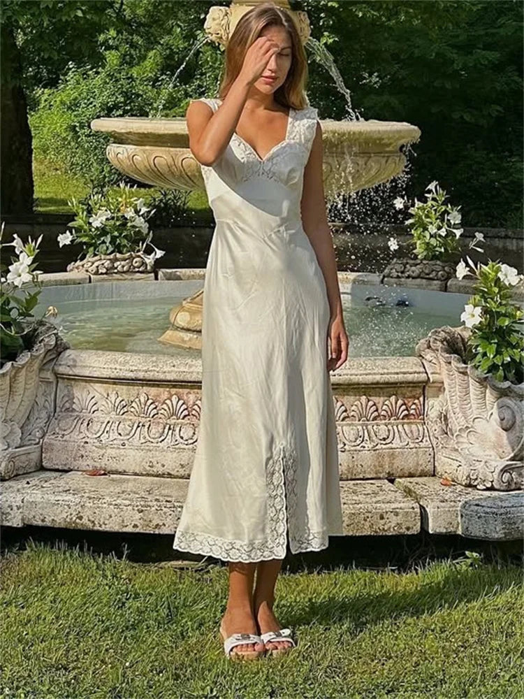 Patchwork Satin Lace Maxi Dress – Elegant V-Neck Evening Gown