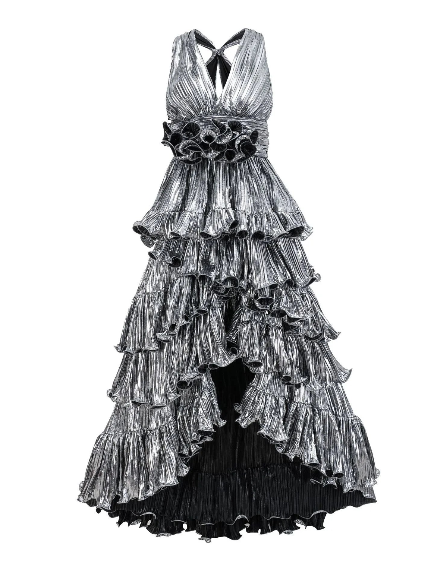 Metallic Tiered Halter Maxi Dress with Frill Layers