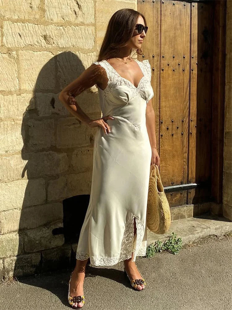 Patchwork Satin Lace Maxi Dress – Elegant V-Neck Evening Gown