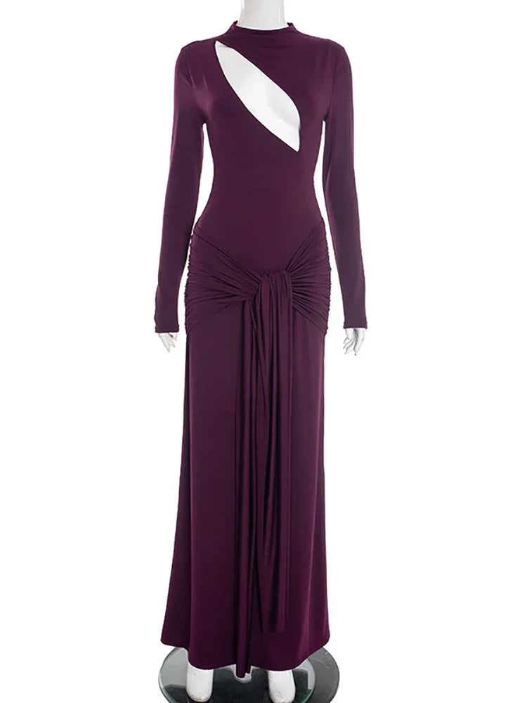 Draped Cut-Out Long Sleeve Evening Maxi Dress