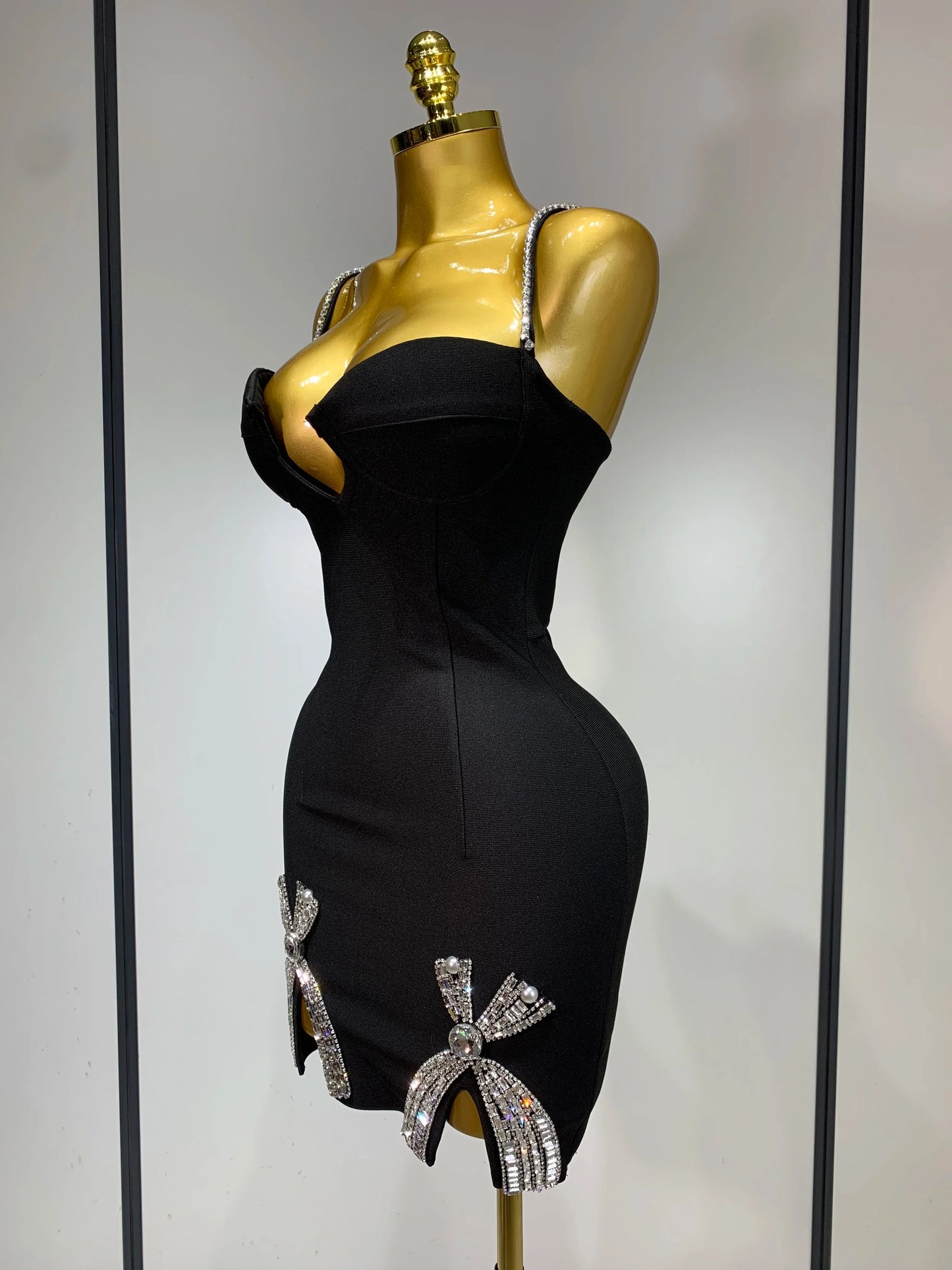 Black V-Neck Beading Bodycon Mini Dress