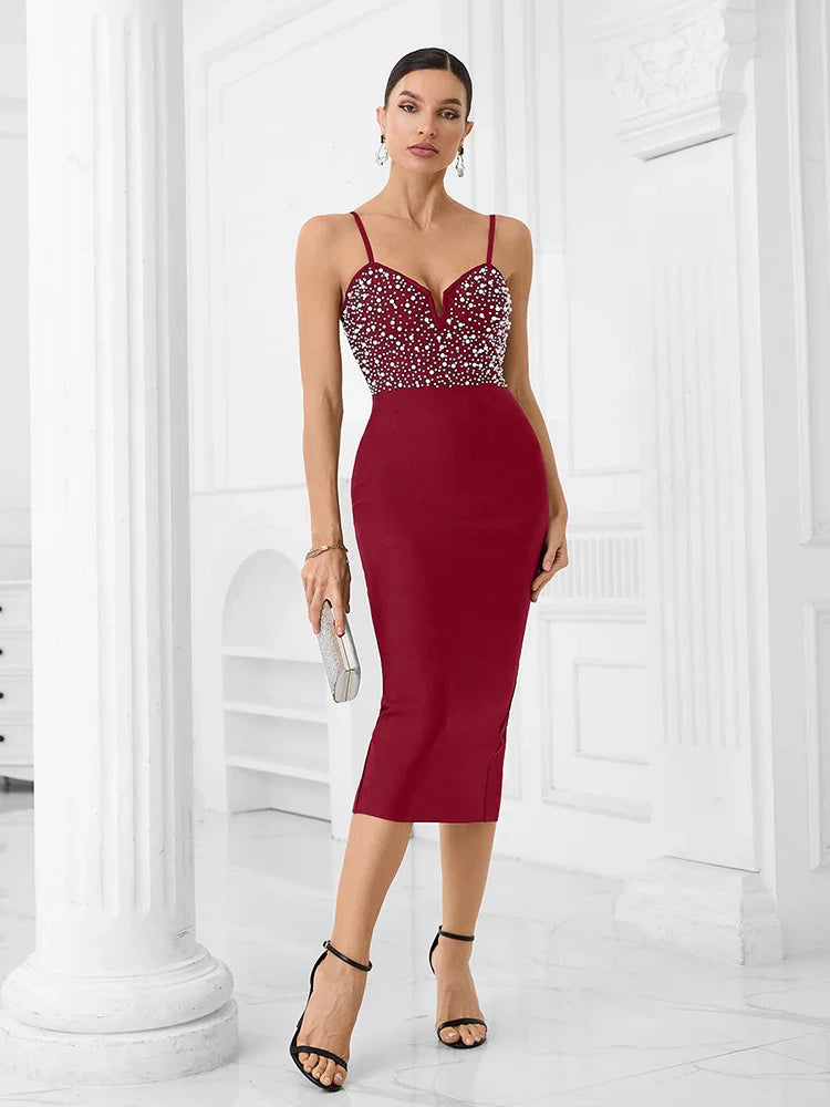 Black Beaded Midi Dress | Sparkling Slim-Fit Cocktail Look