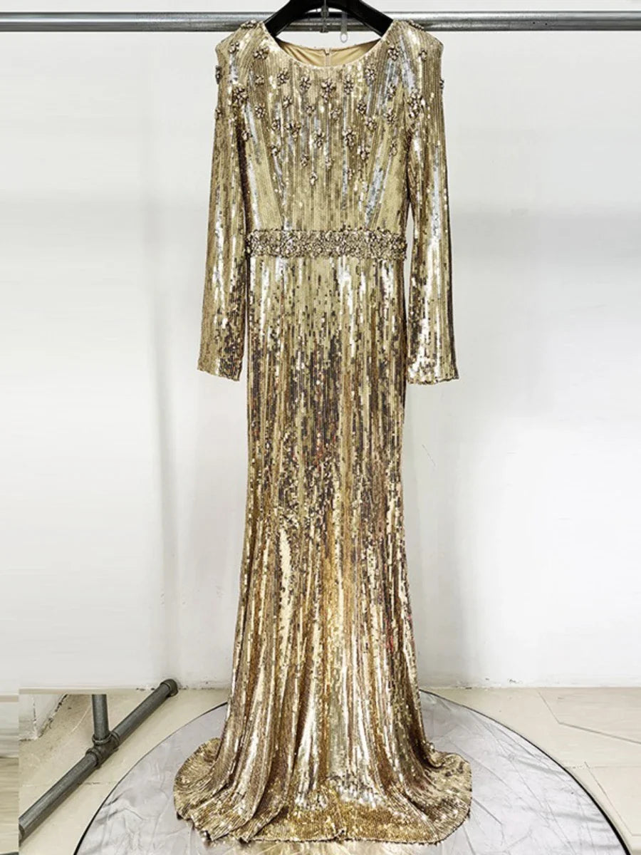 Gold & Black Sequin Gown | Elegant Long Sleeve Evening Dress