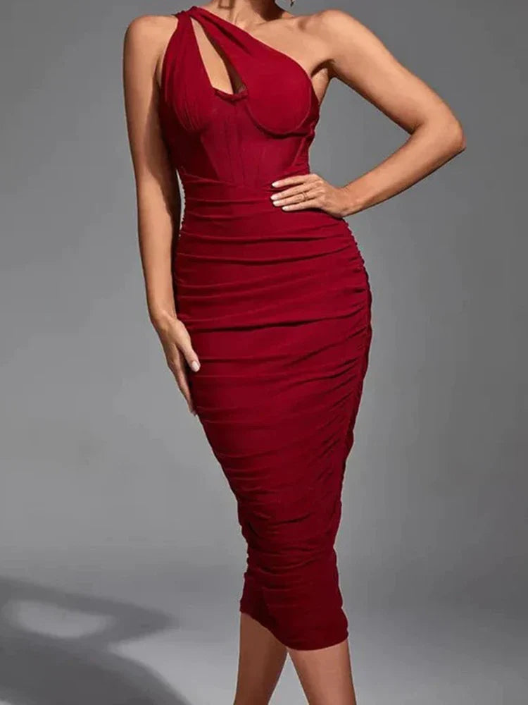 One-Shoulder Ruched Corset Midi Dress