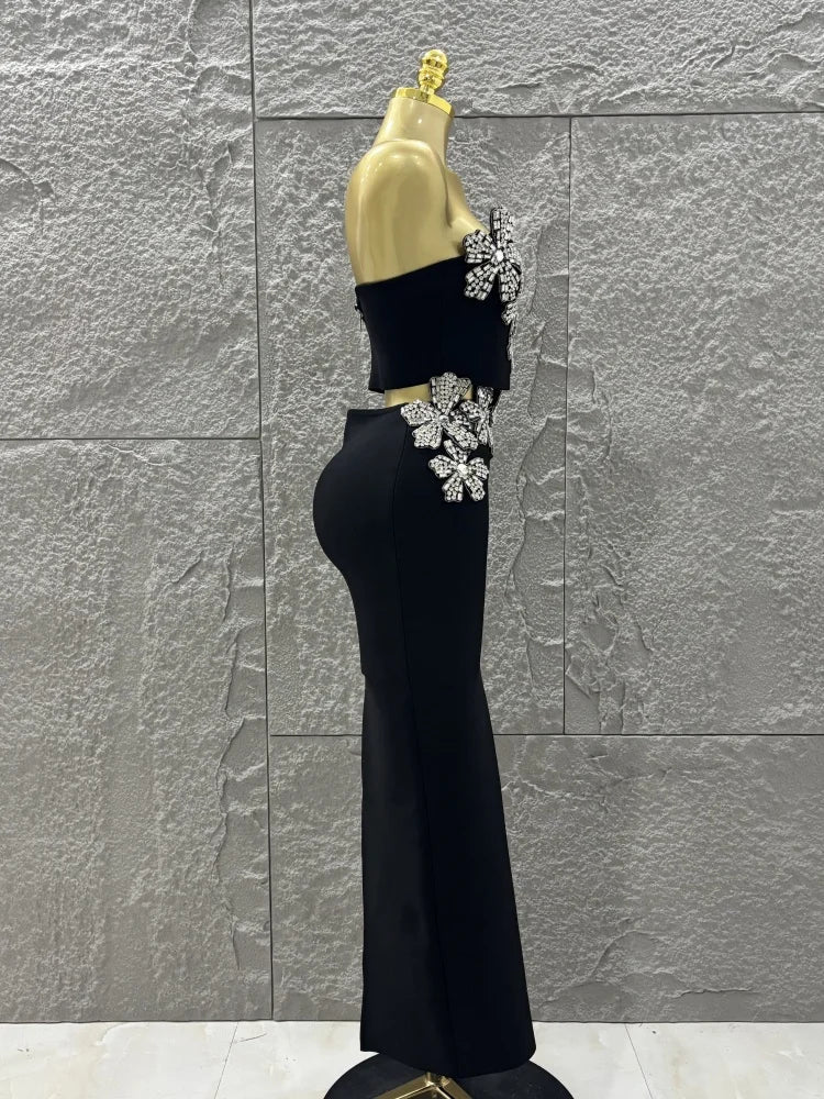 Black Diamond Flower Two-Piece Bodycon Long Dress