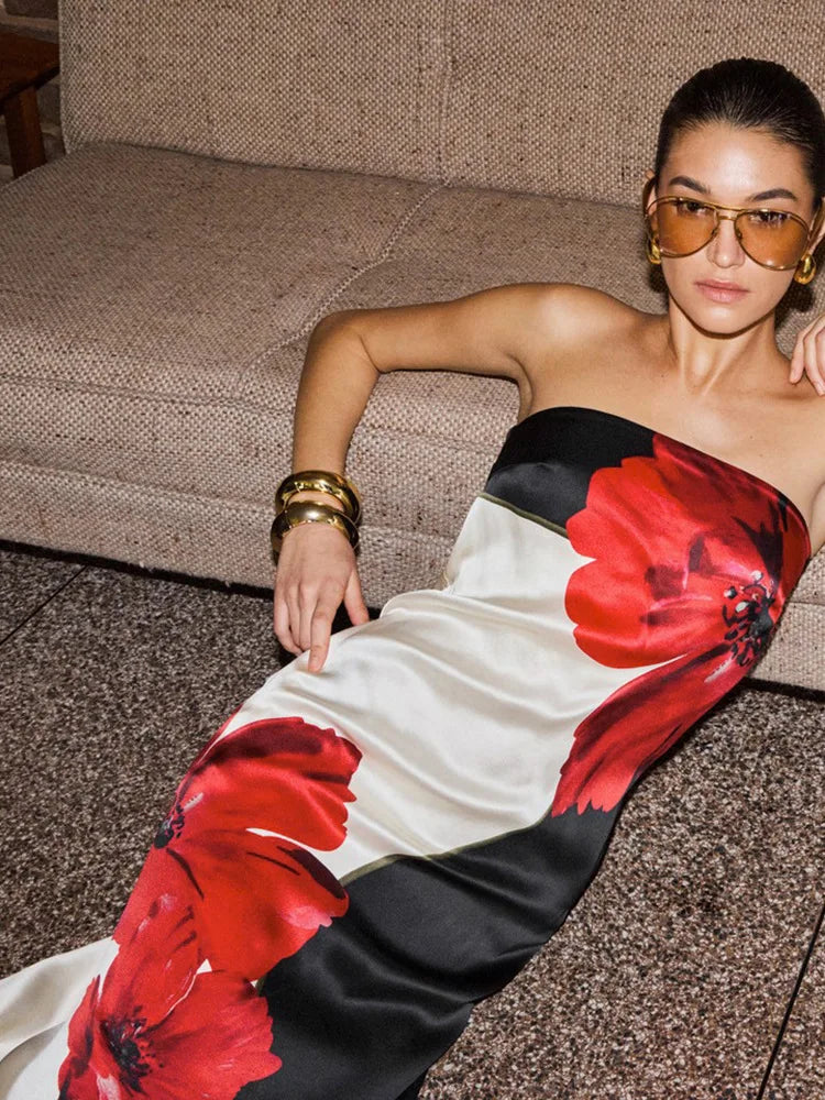 Strapless Flower Print Maxi Dress