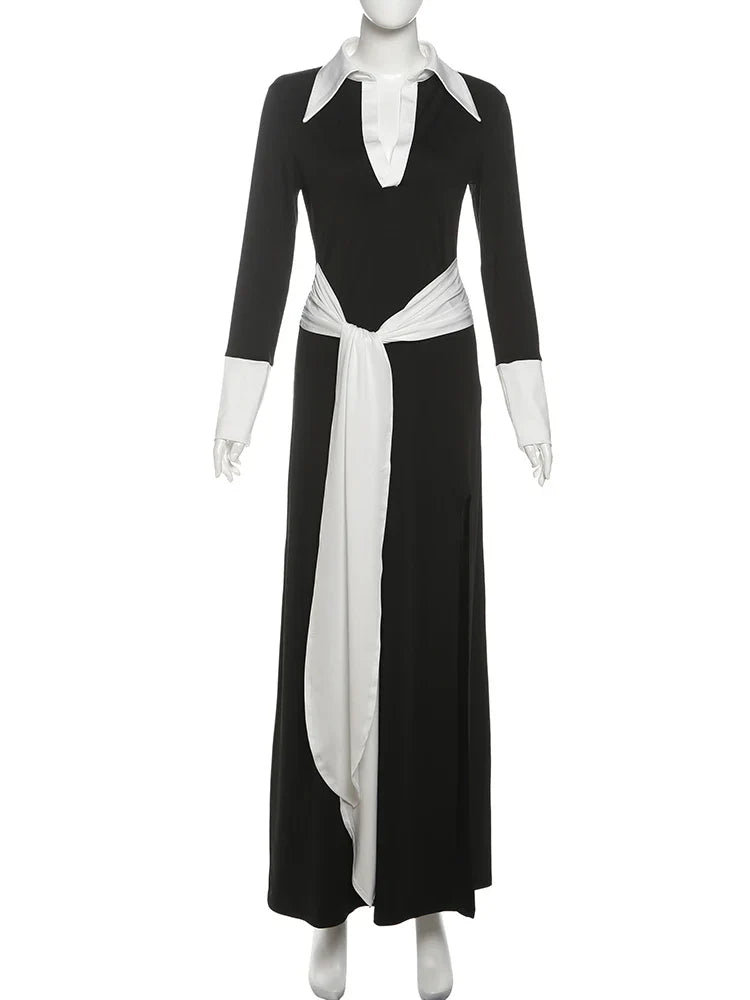 Black Collar Wrap Maxi Dress | Belted Patchwork Long Sleeve